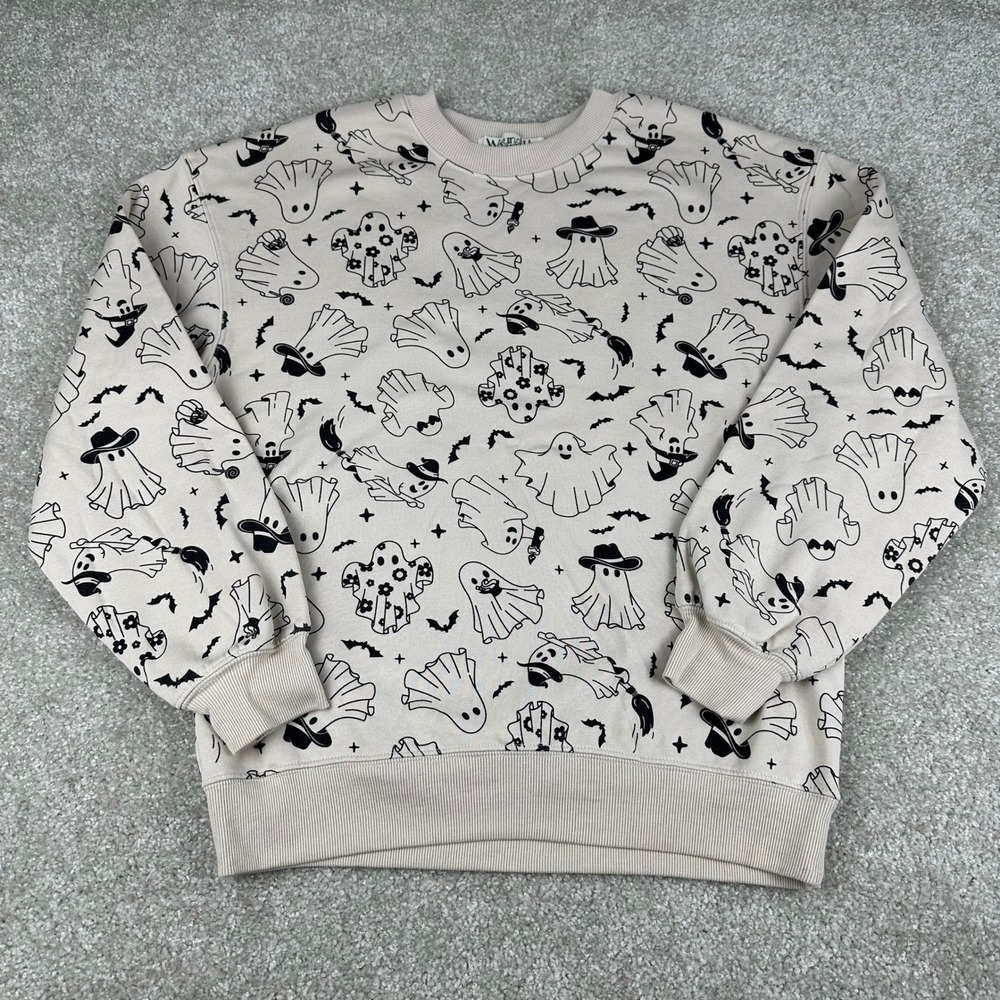 Wound Up Ghost Print Halloween Sweatshirt Tan Small Witchy Spooky Crewneck